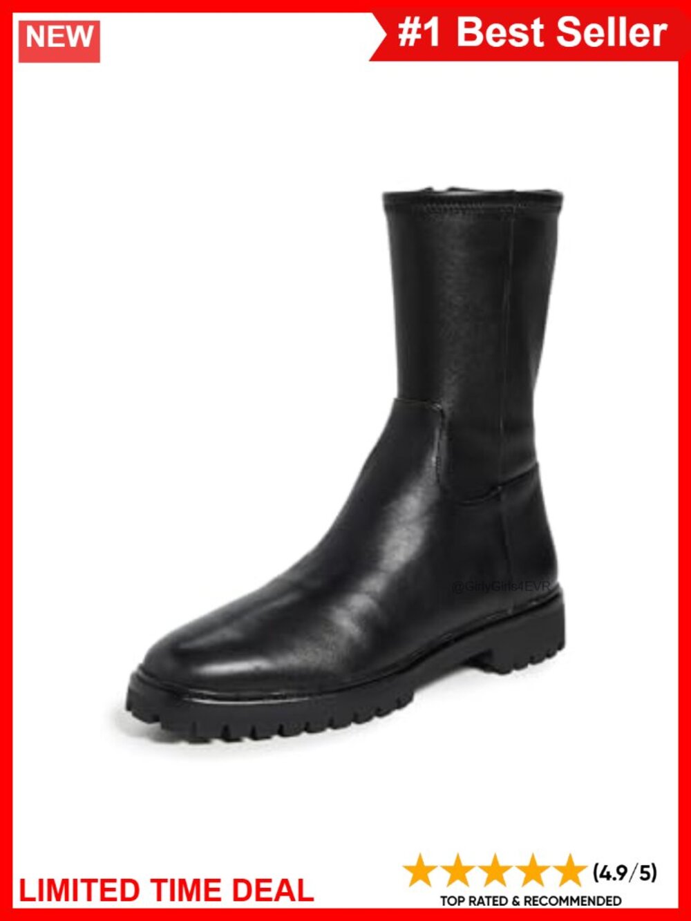 Chunky Block Heel Round Toe Mid-Calf Leather Ankle Boots Lug Sole Goatskin